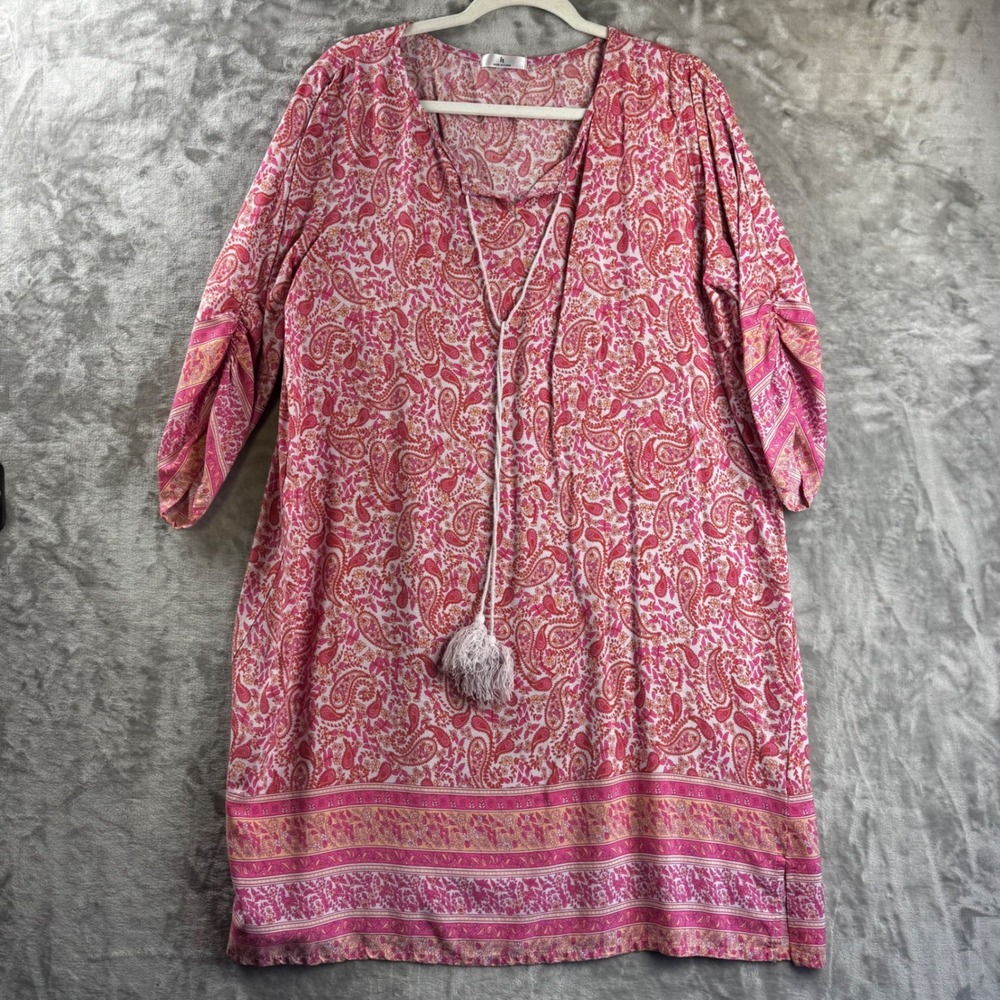 LT Tunic Dress Women L Pink Paisley Tassel Tie Boho Rayon Mini (xxxx)